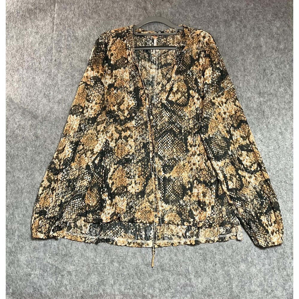 Free People Blouse Womens M Brown Tunic Animal Print Tassel Relaxed Sheer Top